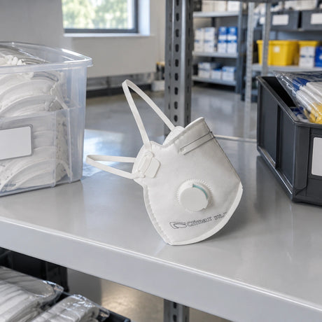 Climax valved FFP1 disposable respirator resting on a clean PPE shelf in a professional maintenance supply room