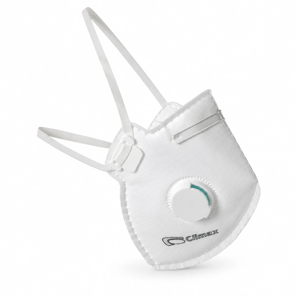 Climax white valved FFP2 NR D disposable respirator mask with nose clip and headbands on a white background
