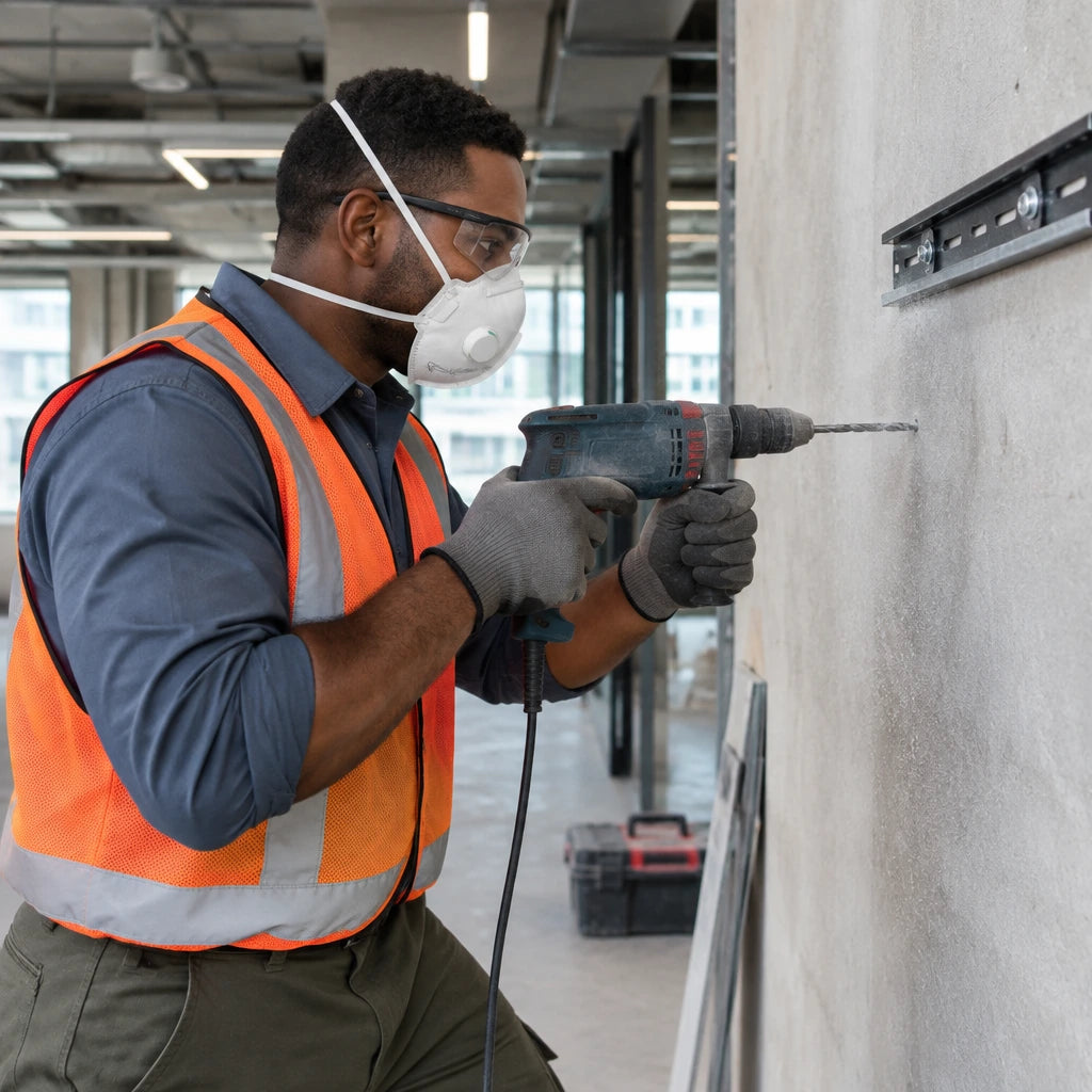 African American maintenance technician wearing a Climax valved FFP2 respirator while drilling concrete anchors indoors