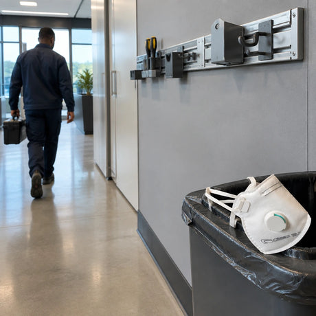 Completed commercial wall maintenance area with a Climax disposable respirator set aside after dusty drilling work