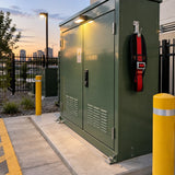 Completed utility service enclosure with the Climax CLI-25-CN/2 work-positioning belt resting on a nearby PPE hook
