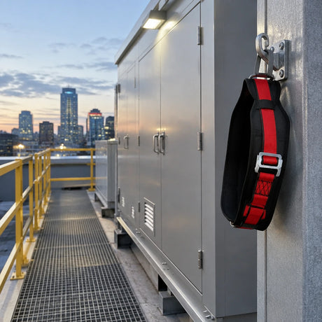 Completed rooftop service enclosure with the Climax CLI-25-CN work-positioning belt resting on a nearby PPE hook