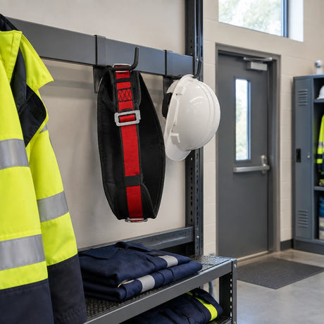 Climax work-positioning safety belt resting on a dedicated PPE hook in an organised utility maintenance room