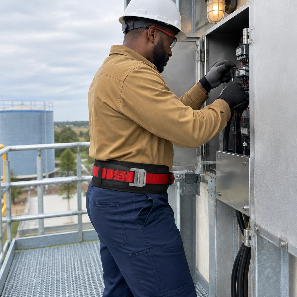 African American utility technician wearing the Climax CLI-25-CN/2 belt while adjusting a service enclosure on a guarded maintenance landing