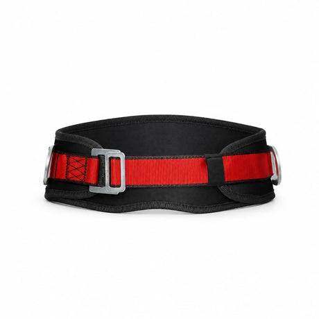 Climax CLI-25-CN/2 black padded work-positioning safety belt with red adjustable webbing on a white background