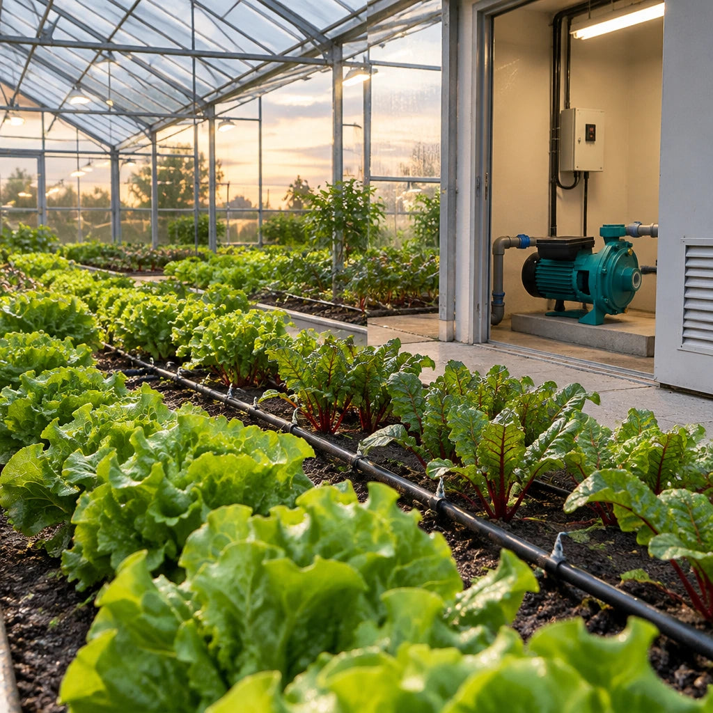 Evenly watered commercial greenhouse rows with the Comet centrifugal pump resting beside the irrigation service area