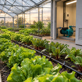 Evenly watered commercial greenhouse rows with the Comet centrifugal pump resting beside the irrigation service area