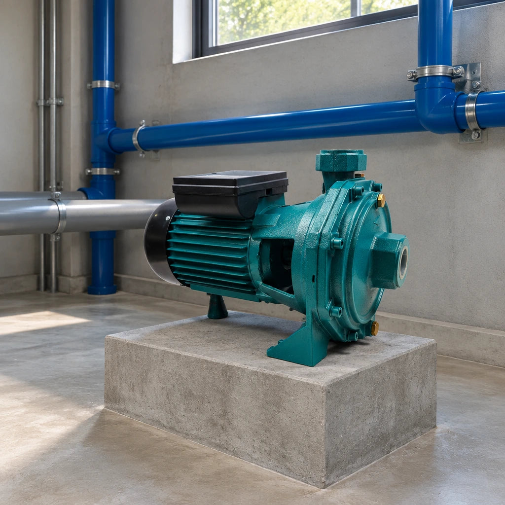 Comet two-stage centrifugal water pump resting on a plinth in a clean commercial greenhouse irrigation pump room