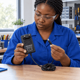 Black technician checking the AC/DC adapter and barrel connector