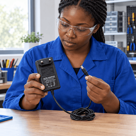 Black technician checking the AC/DC adapter and barrel connector