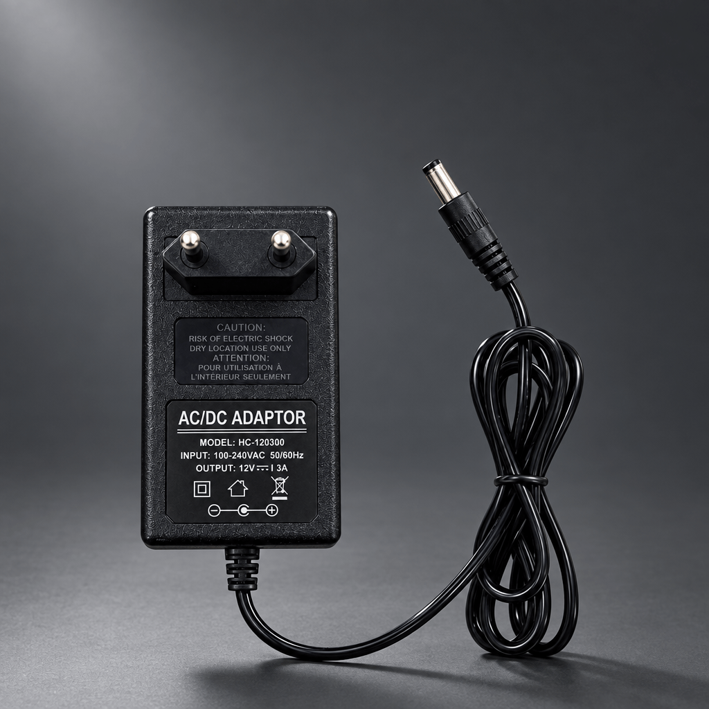AC/DC adapter on a cinematic grey background