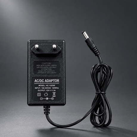 AC/DC adapter on a cinematic grey background