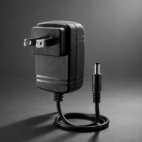 Black power adapter with flat plug blades on a cinematic grey background