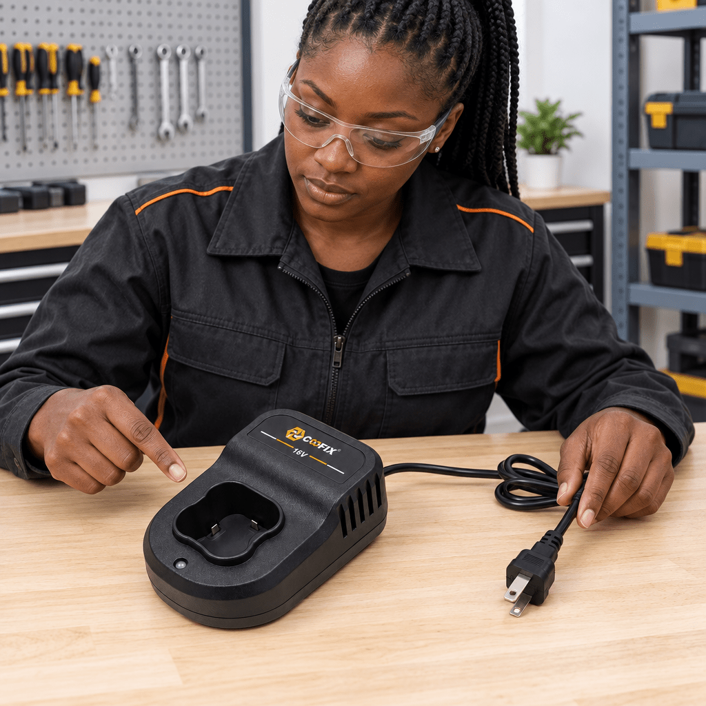 Black technician checking the Coofix 16 V charger before use