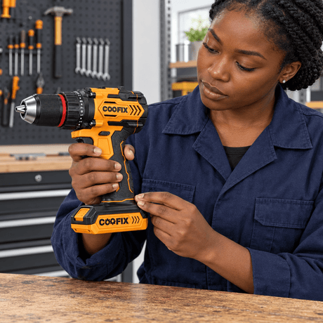 Black technician checking a Coofix battery seated under a cordless drill grip