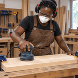 Black carpenter sanding clamped wood with an orbital sander