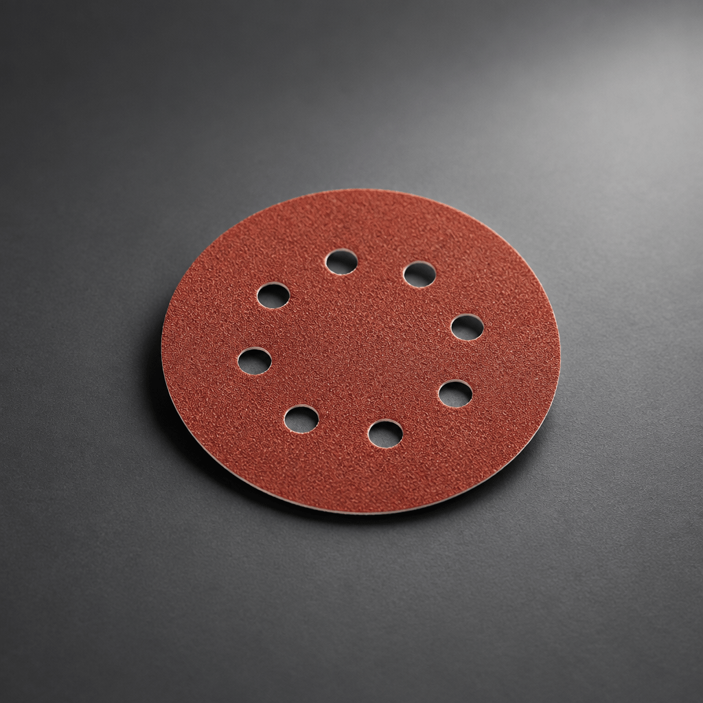 Eight-hole red sanding disc on a cinematic grey background