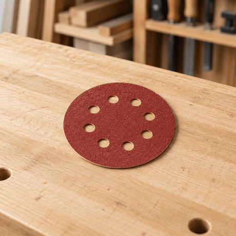 Eight-hole red sanding disc on a woodworker’s bench