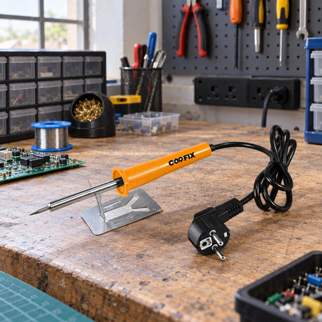 Coofix orange soldering iron resting on its metal stand at an electronics repair workshop bench