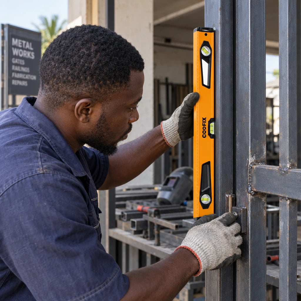 Ghanaian metalworker using a Coofix magnetic spirit level to align a steel gate frame