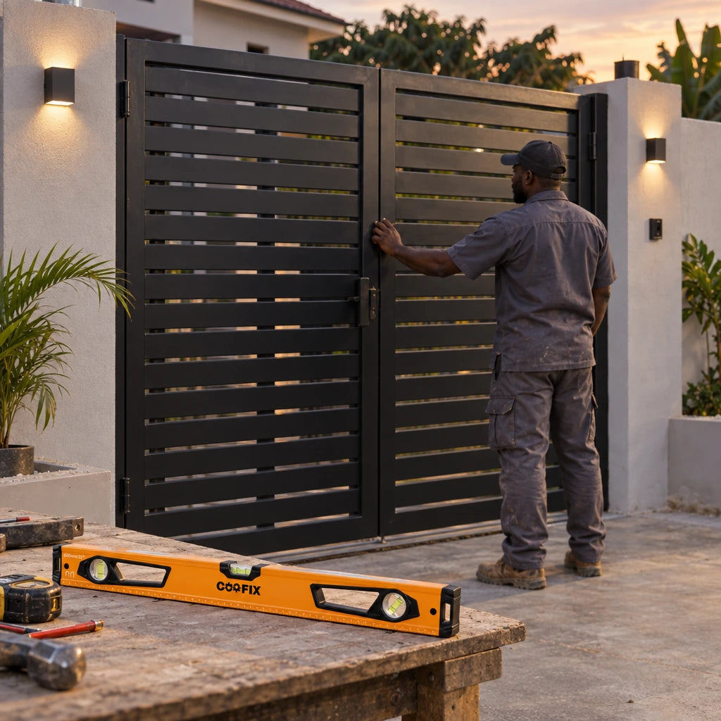 Straight newly installed steel gate with a Coofix spirit level resting on the nearby workbench