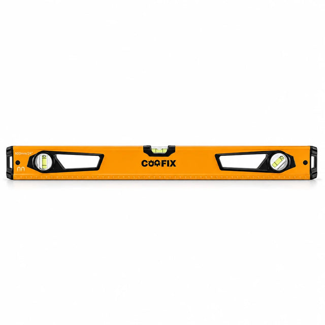 Coofix 60 cm orange magnetic aluminium spirit level with three vials on a white background