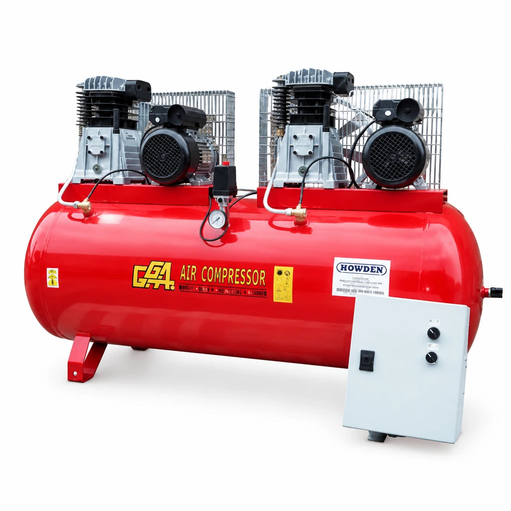 GGA LT1000 industrial air compressor with red 1,000L receiver, twin compressor heads and front control box on white background.