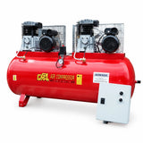 GGA LT1000 industrial air compressor with red 1,000L receiver, twin compressor heads and front control box on white background.