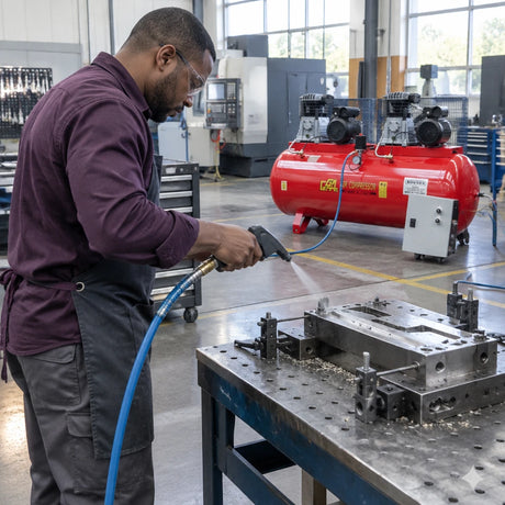 Production technician uses compressed air from a GGA LT1000 compressor to clean swarf from a metal fixture in a fabrication bay.