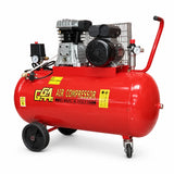 GGA LT100C red 100L horizontal air compressor with 2HP motor, wheels, handle, gauges and GGA branding on a white background.