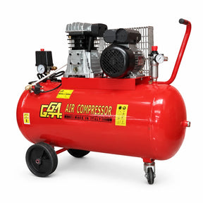 GGA LT100C red 100L horizontal air compressor with 2HP motor, wheels, handle, gauges and GGA branding on a white background.