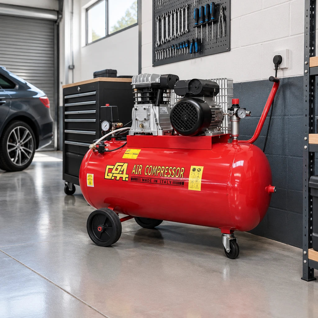 GGA LT100C red 100L air compressor parked in the organised utility corner of a professional automotive workshop.