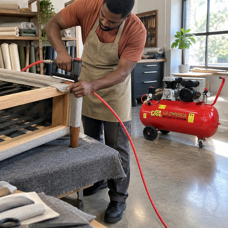 African American upholstery technician using a pneumatic stapler connected to the GGA LT200S compressor beneath a padded bench.