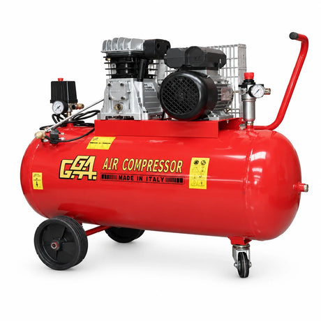 GGA LT200S red 200L receiver-mounted air compressor with 3HP motor, wheels, handle and pressure gauge on a white background.