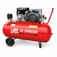 GGA LT270SR/B 270L red receiver-mounted air compressor with 4HP motor, wheels and pressure controls on white background