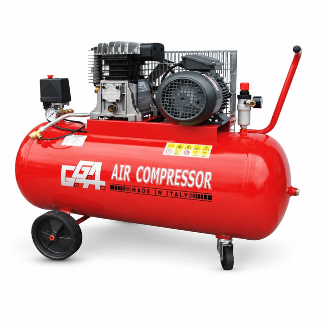 GGA LT270SR/B 270L red receiver-mounted air compressor with 4HP motor, wheels and pressure controls on white background