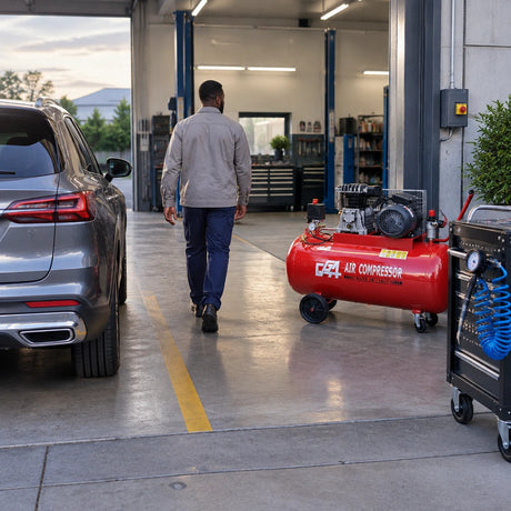 Ready vehicle outside an organised workshop with the GGA 270L air compressor visible after tyre service
