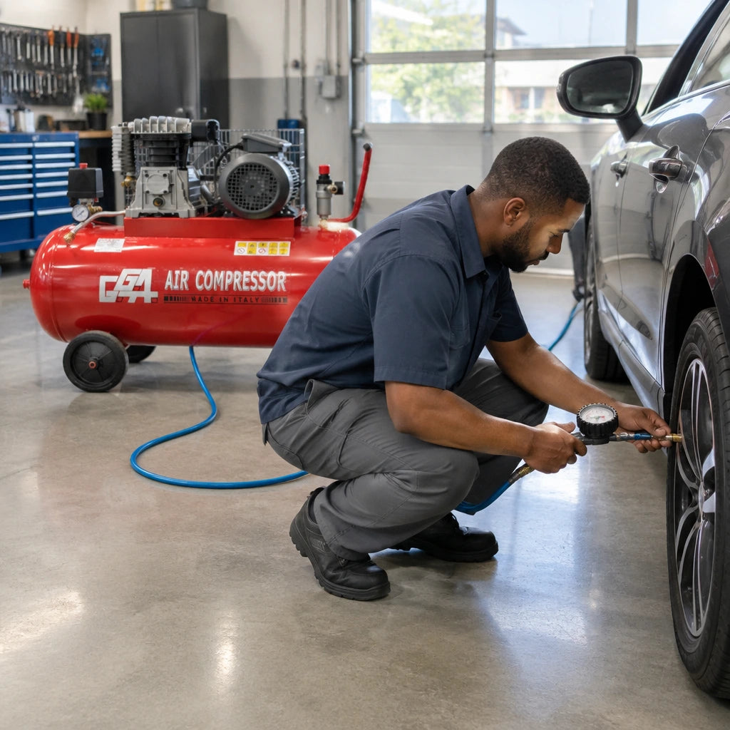 African American automotive technician inflating a vehicle tyre with a compatible tool supplied by a GGA 270L air compressor