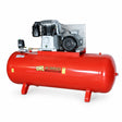 GGA LT500 red 500L industrial air compressor with guarded motor and receiver-mounted controls on a white background