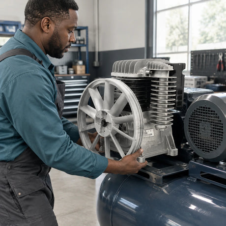 Technician aligning a GGA GR.B5900B replacement compressor pump on a compatible workshop air-compressor system.