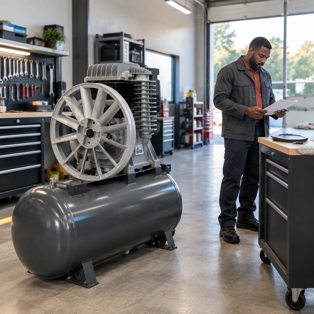Completed workshop compressor repair with the GGA GR.B5900B replacement pump mounted in an organised service bay.