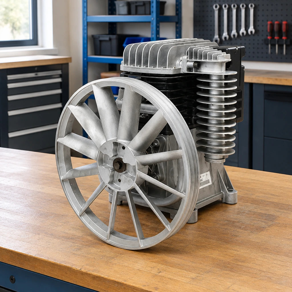 GGA replacement compressor pump resting on a clean service bench in a professional compressor-repair workshop.
