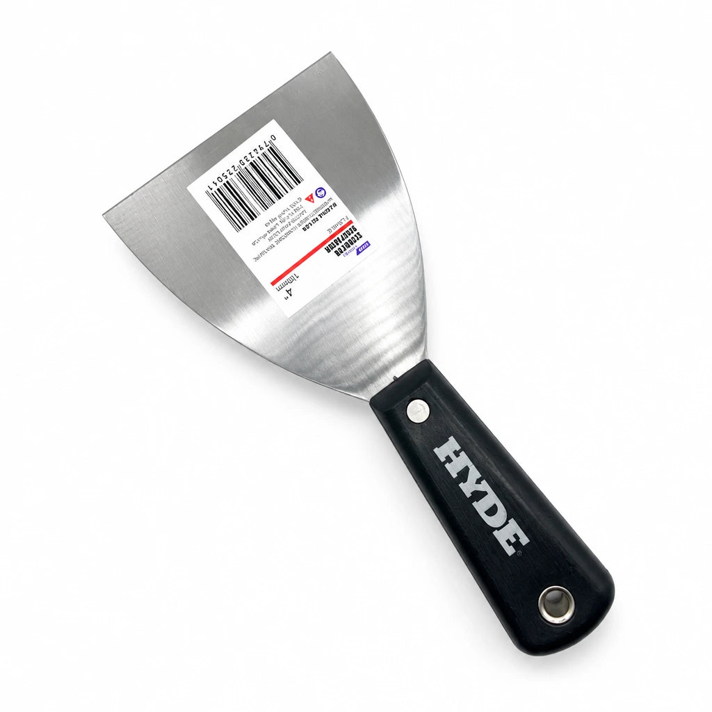Hyde surface scraper with black plastic handle and flat metal blade on a white background
