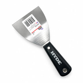 Hyde surface scraper with black plastic handle and flat metal blade on a white background