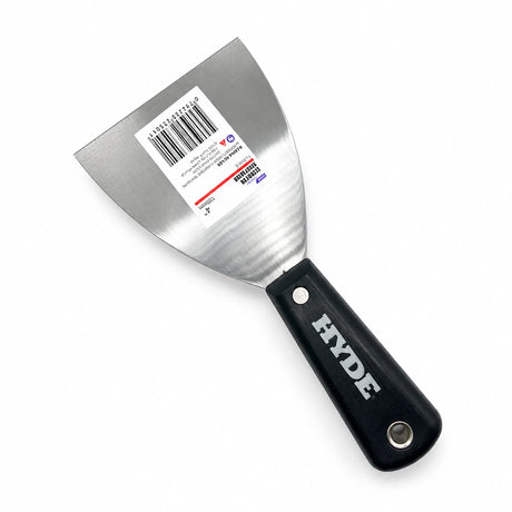 Hyde surface scraper with black plastic handle and flat metal blade on a white background