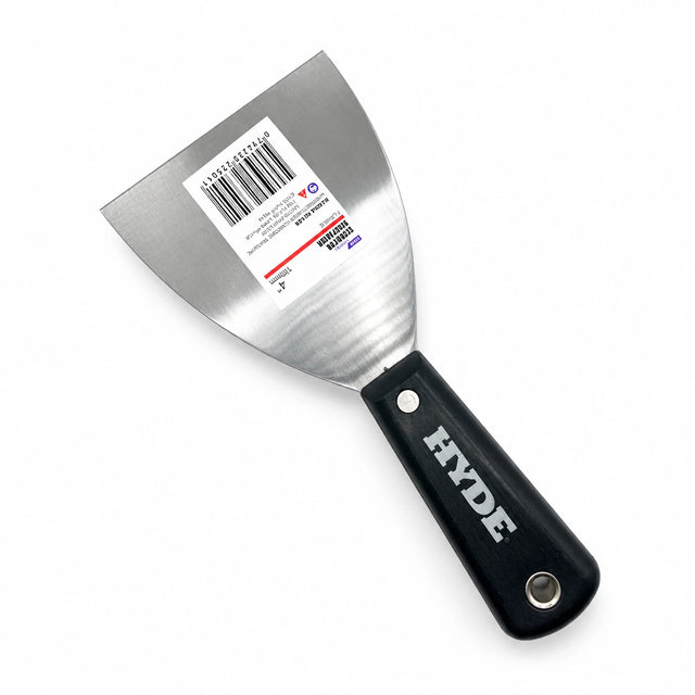 Hyde surface scraper with black plastic handle and flat metal blade on a white background