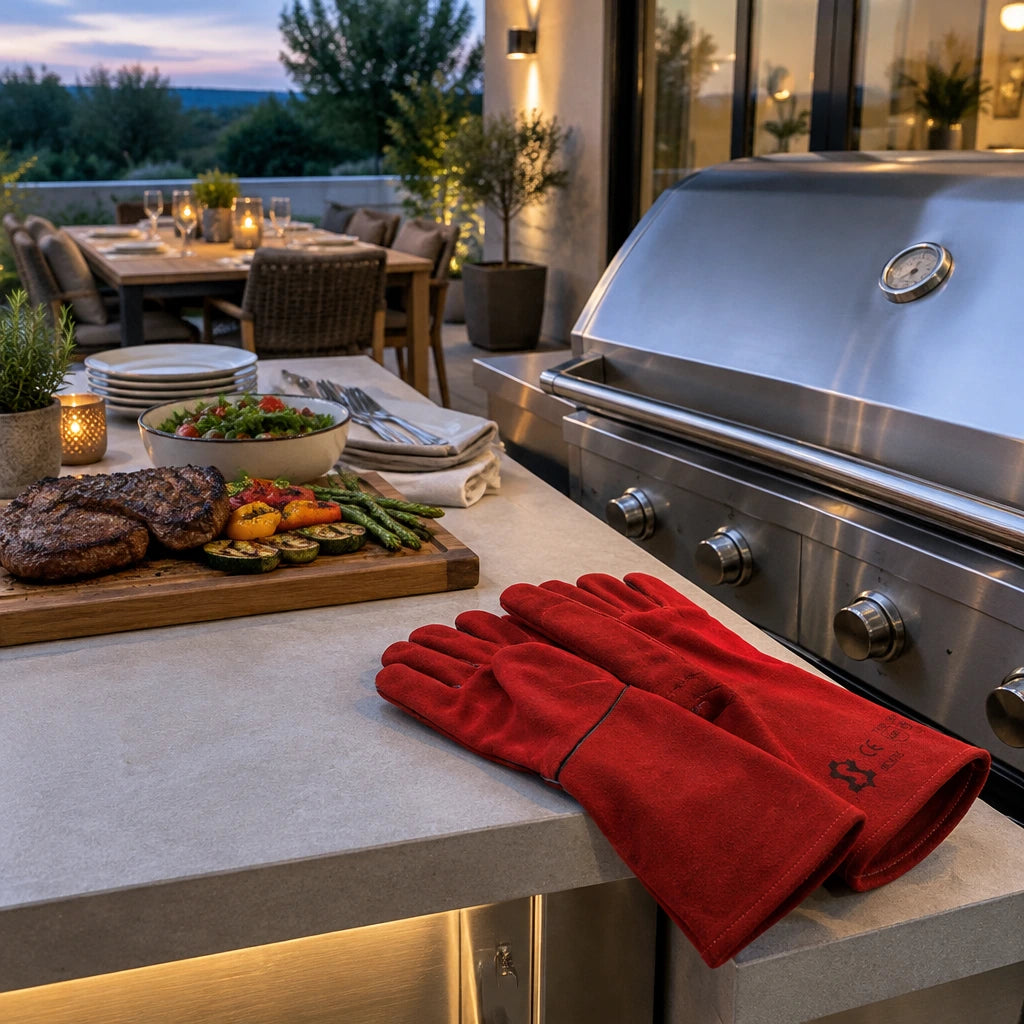 Red Irona welding gauntlet gloves resting beside a ready outdoor grill after hot-metal handling.