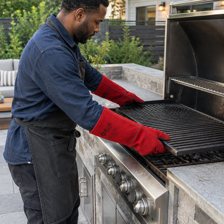 African American adult wearing Irona red leather gauntlet gloves while repositioning a hot grill grate in an outdoor kitchen.