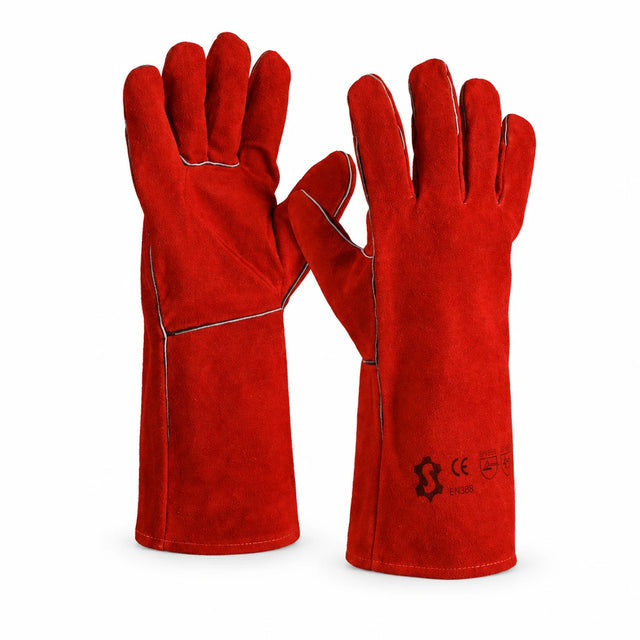 Pair of Irona 14-inch red leather welding gauntlet gloves on a white background.