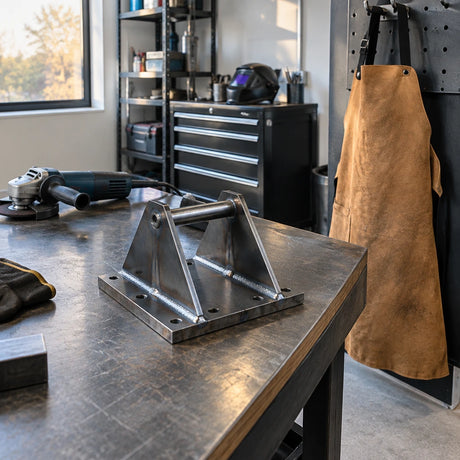 Completed steel bracket beside an Irona brown leather welding apron in a tidy fabrication workshop